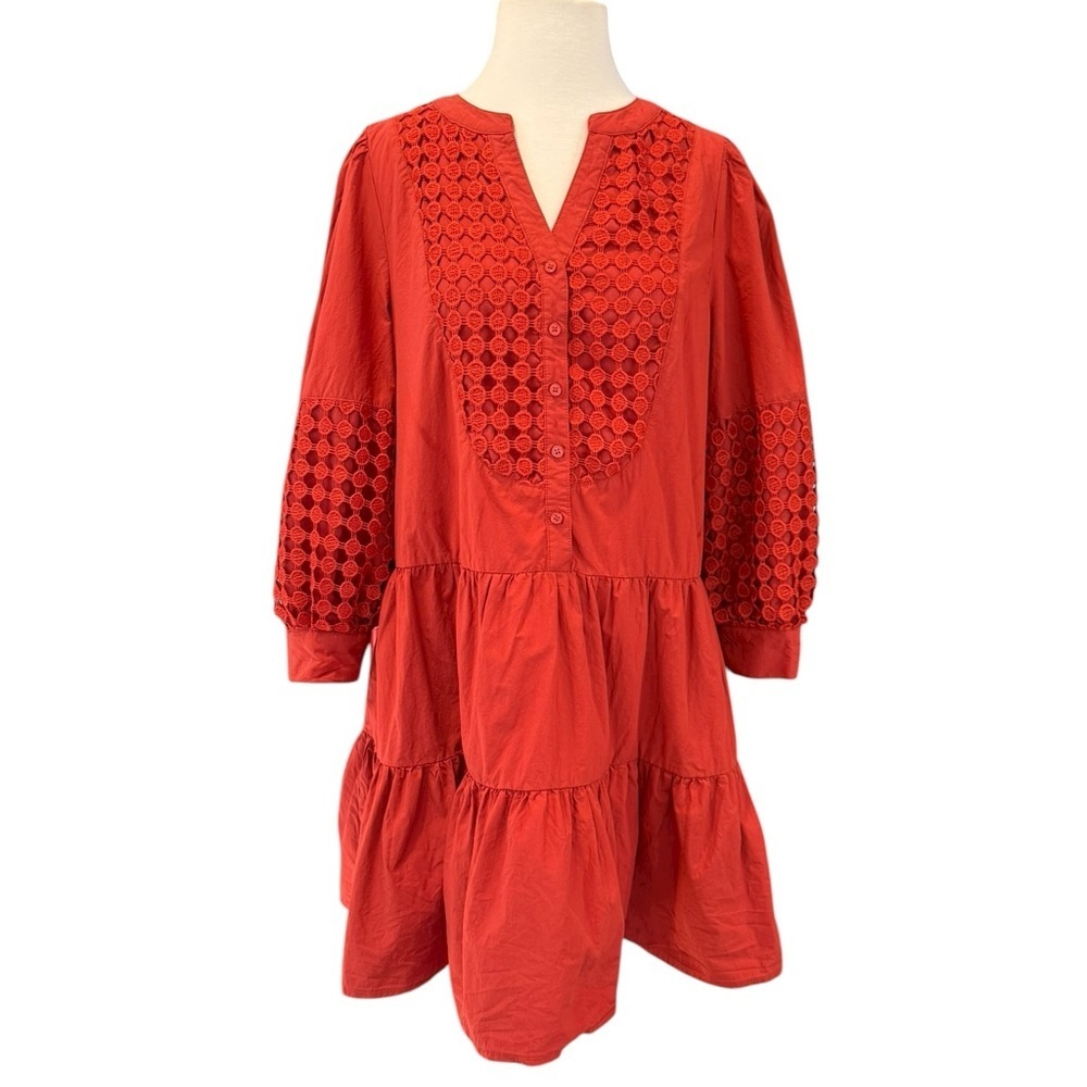 Baby Pink Rust Red Crochet Tiered Ruffle Mini Dress Medium - Picture 3 of 12